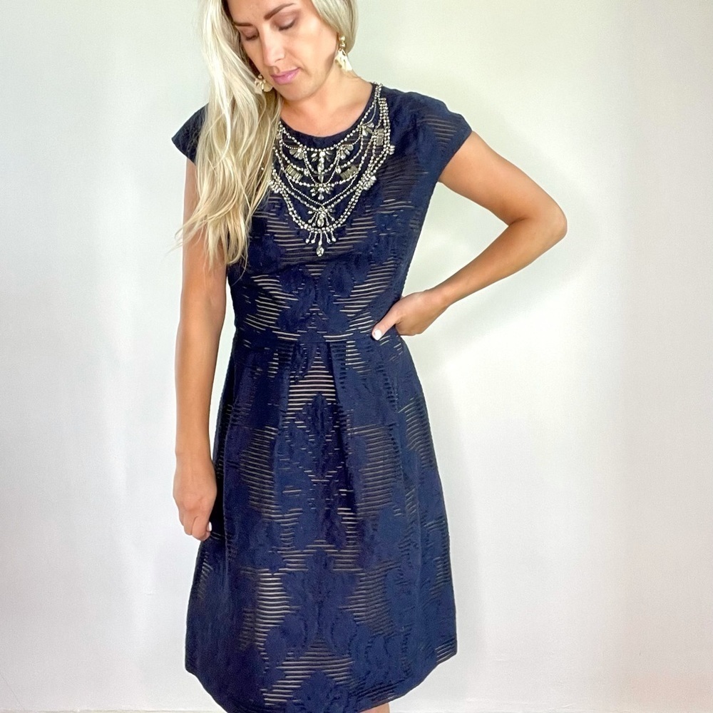 Lela Rose Navy Blue Jeweled Neck Full Skirt Dress